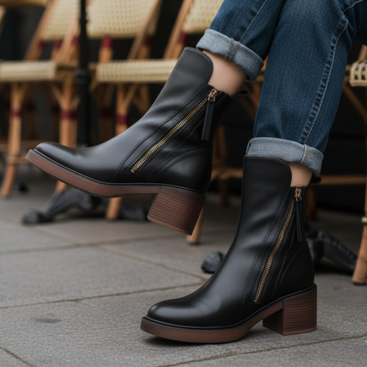 Judy™ | Black leather boots with a comfortable heel, elegant and timeless