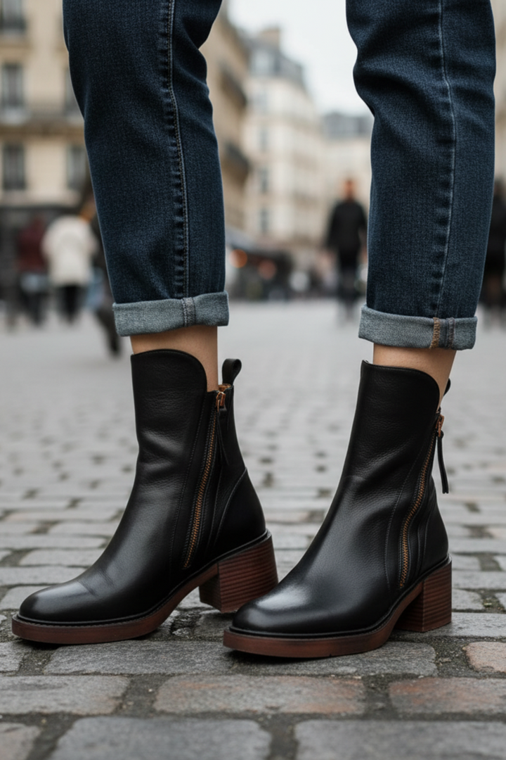 Judy™ | Black leather boots with a comfortable heel, elegant and timeless
