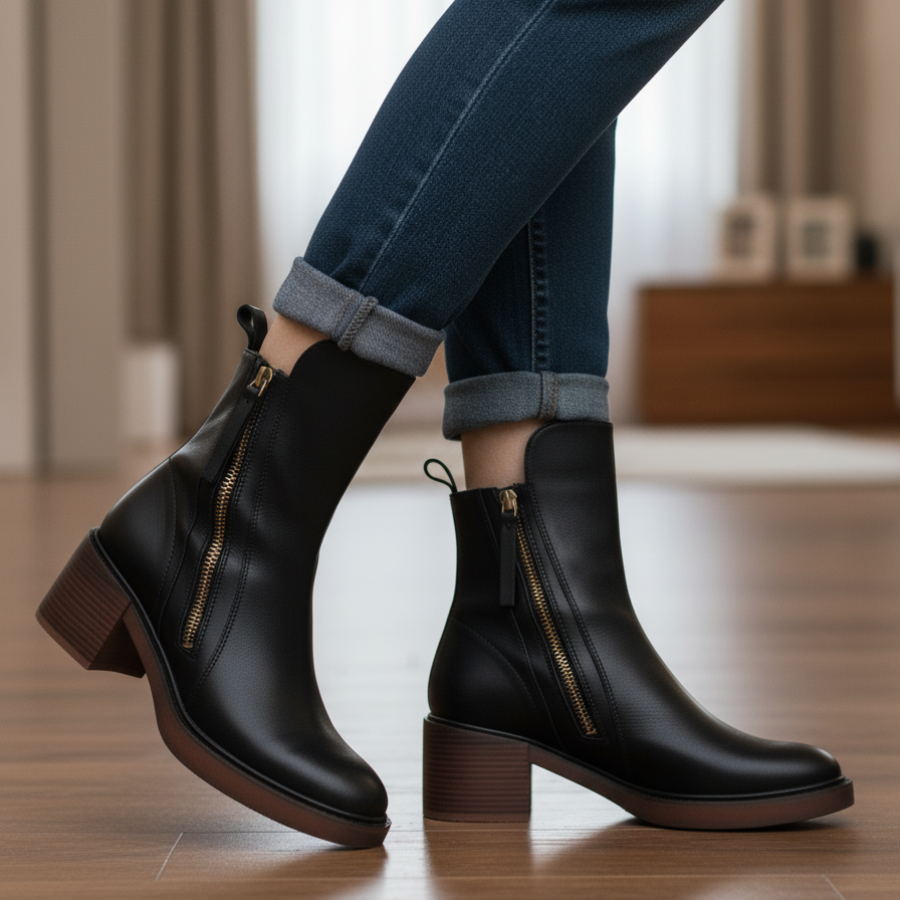 Judy™ | Black leather boots with a comfortable heel, elegant and timeless