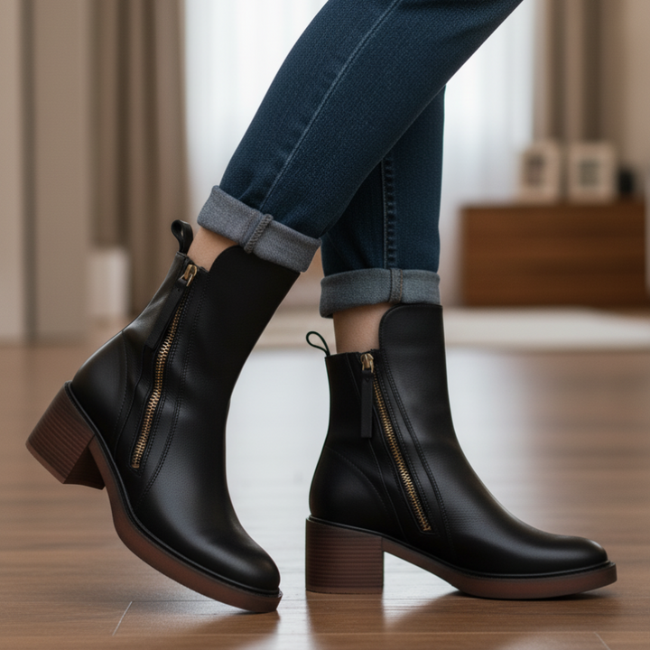 Judy™ | Black leather boots with a comfortable heel, elegant and timeless