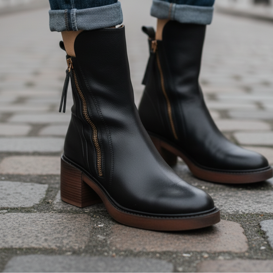 Judy™ | Black leather boots with a comfortable heel, elegant and timeless