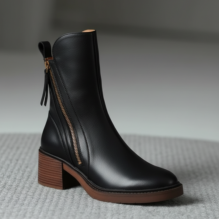 Judy™ | Black leather boots with a comfortable heel, elegant and timeless