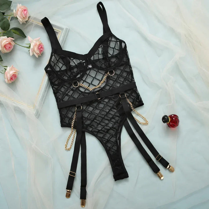 Loida - Elegant Geometric Mesh Bodysuit Lingerie